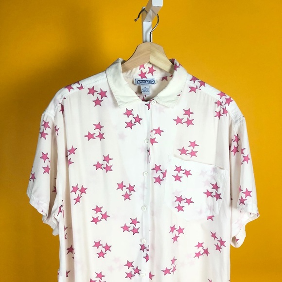 See Thru White Pink Star All Over Print Button-Up - Picture 3 of 6